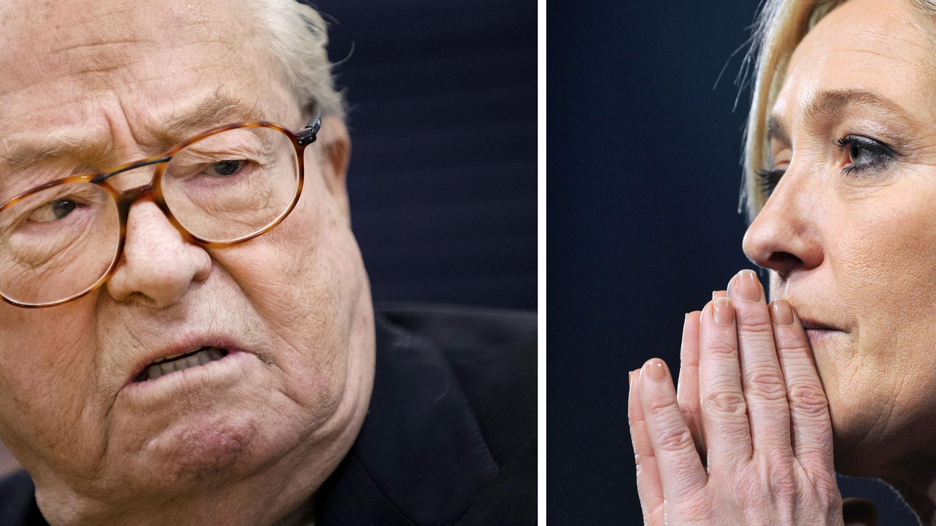 Fotomontage: Jean-Marie le Pen, Ehrenvorsitzender der französischen rechtspopulistischen Partei Front National (r) und dessen Tochter Marine Le Pen, Vorsitzende des Front National Fotomontage: Jean-Marie le Pen, Ehrenvorsitzender der französischen rechtspopulistischen Partei Front National (r) und dessen Tochter Marine Le Pen, Vorsitzende des Front National