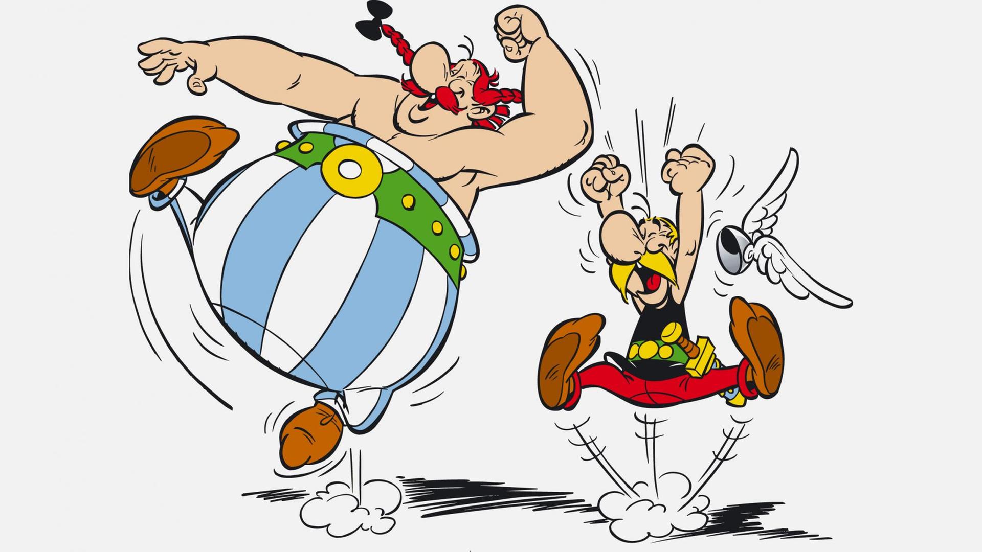 Zeichnung aus dem Comic Asterix und Obelix auf dem sie vor Freude in die Luft springen. Zeichnung aus dem Comic Asterix und Obelix auf dem sie vor Freude in die Luft springen.