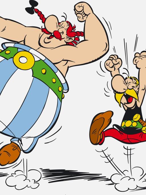 Zeichnung aus dem Comic Asterix und Obelix auf dem sie vor Freude in die Luft springen.