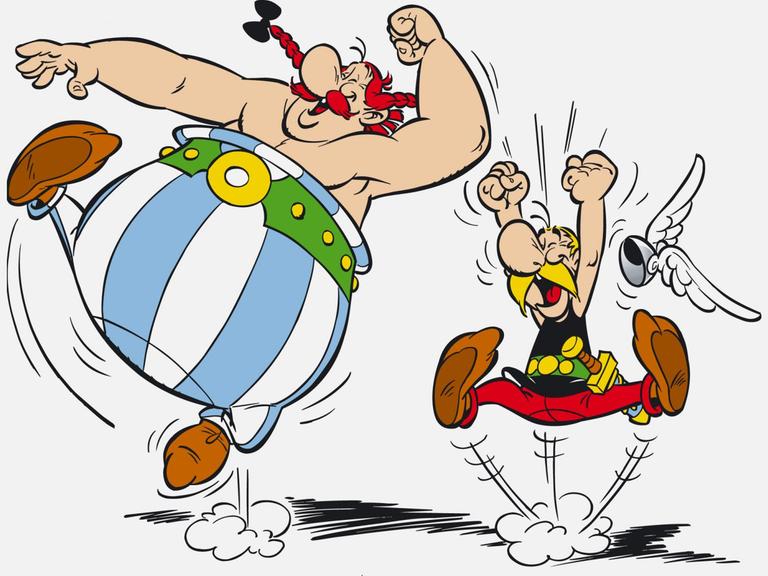 Zeichnung aus dem Comic Asterix und Obelix auf dem sie vor Freude in die Luft springen.