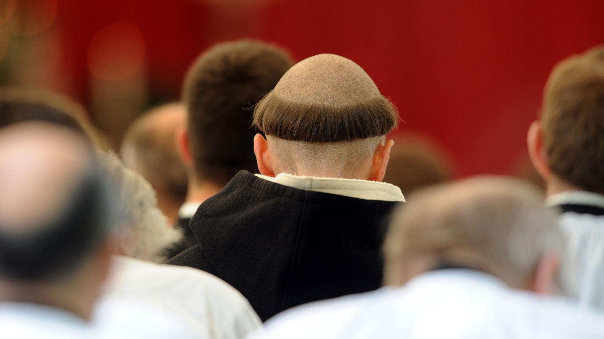 Mehrere Mönche mit Tonsuren sind von Hinten abgebildet. Mehrere Mönche mit Tonsuren sind von Hinten abgebildet.