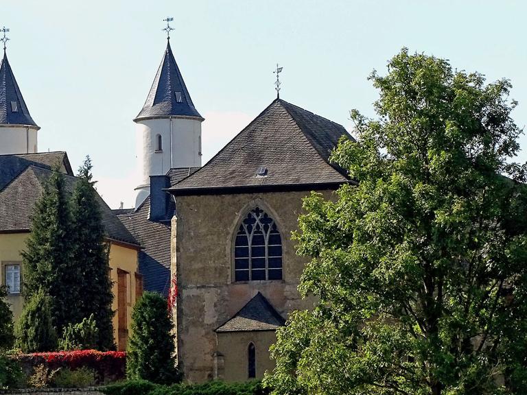 Blick auf das Kloster Steinfeld in der Eifel von einer nahe gelegenen Wiese aus