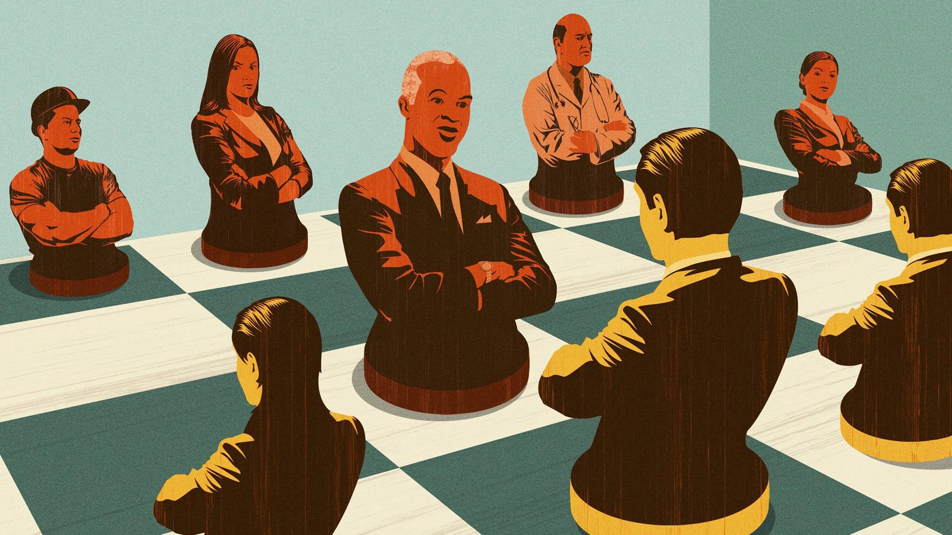 Eine Illustration zeigt Frauen und Männer in Arbeits- und Businesskleidung als Figuren auf einem Schachbrett. Eine Illustration zeigt Frauen und Männer in Arbeits- und Businesskleidung als Figuren auf einem Schachbrett.