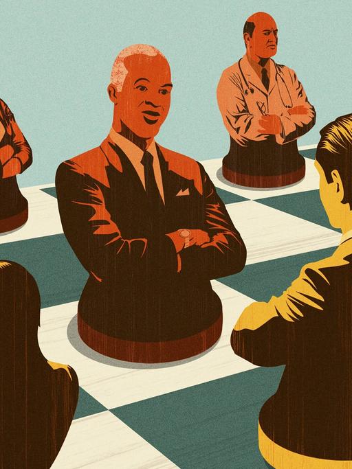 Eine Illustration zeigt Frauen und Männer in Arbeits- und Businesskleidung als Figuren auf einem Schachbrett.
