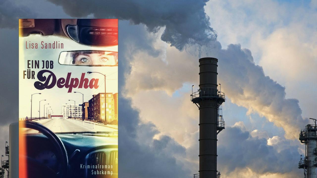 Buchcover "Ein Job für Delpha" und eine Erdölraffinerie in den USA