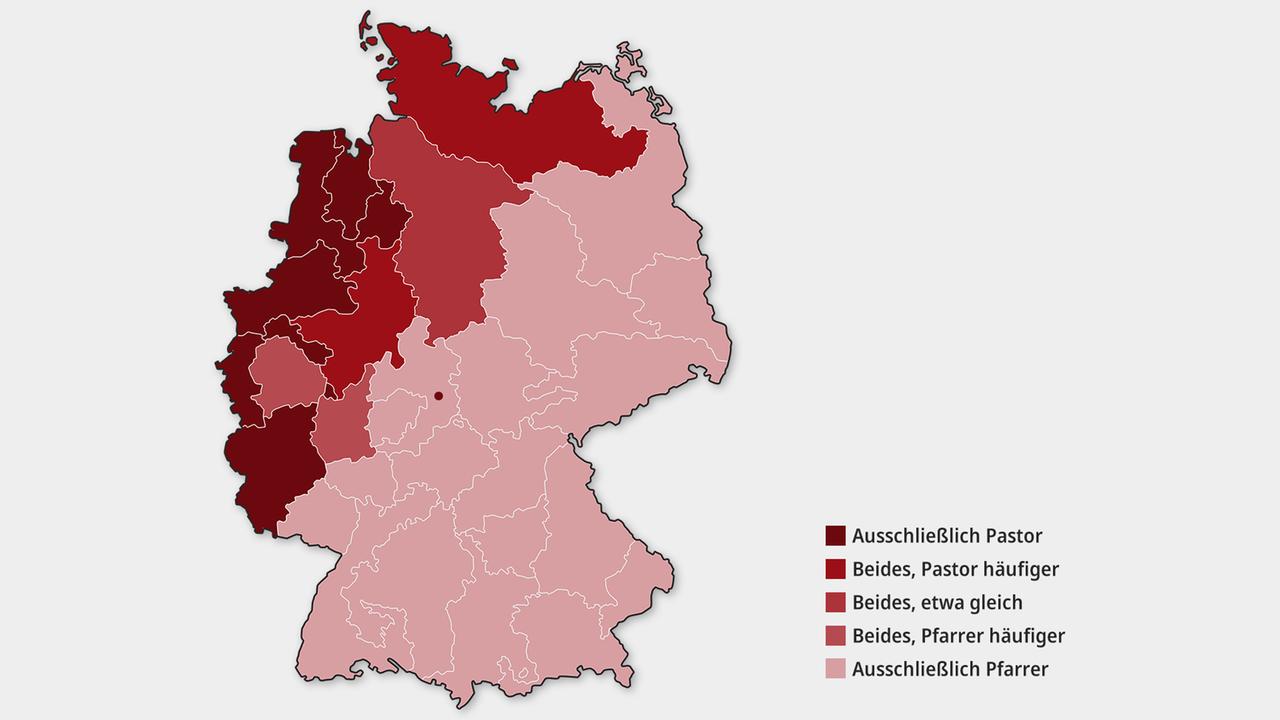 Deutschlandkarte, auf der eine Fläche von Trier bis zur Nordsee dunkelrot eingefärbt ist. Hier heißt es vornehmlich auch in der katholischen Kirche Herr Pastor. Deutschlandkarte, auf der eine Fläche von Trier bis zur Nordsee dunkelrot eingefärbt ist. Hier heißt es vornehmlich auch in der katholischen Kirche Herr Pastor.