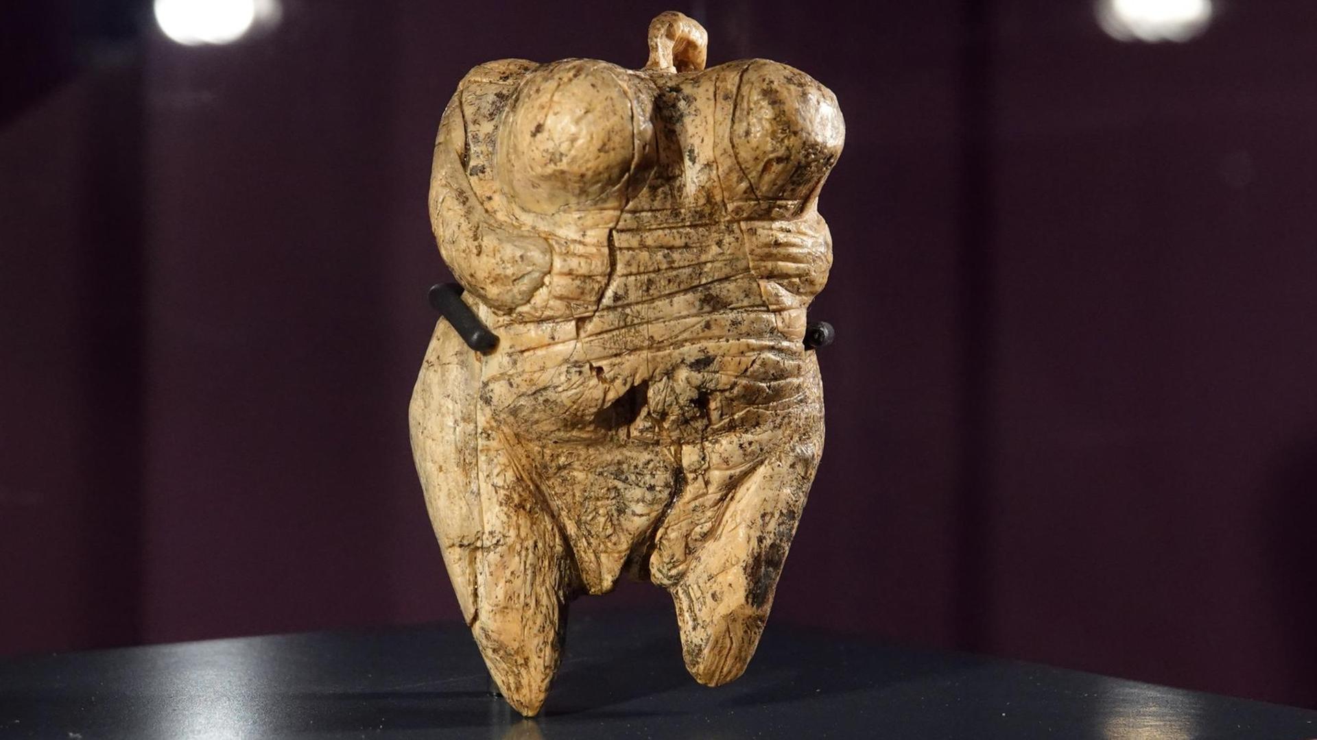 Die ca. 40 000 Jahre alte Venus vom Hohle Fels steht in einer Vitrine in der Ausstellung "Bewegte Zeiten.