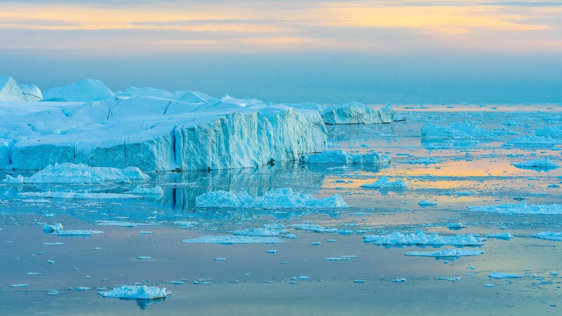 Das Bild zeigt Eisberge in Grönländ während der Dämmerung Das Bild zeigt Eisberge in Grönländ während der Dämmerung