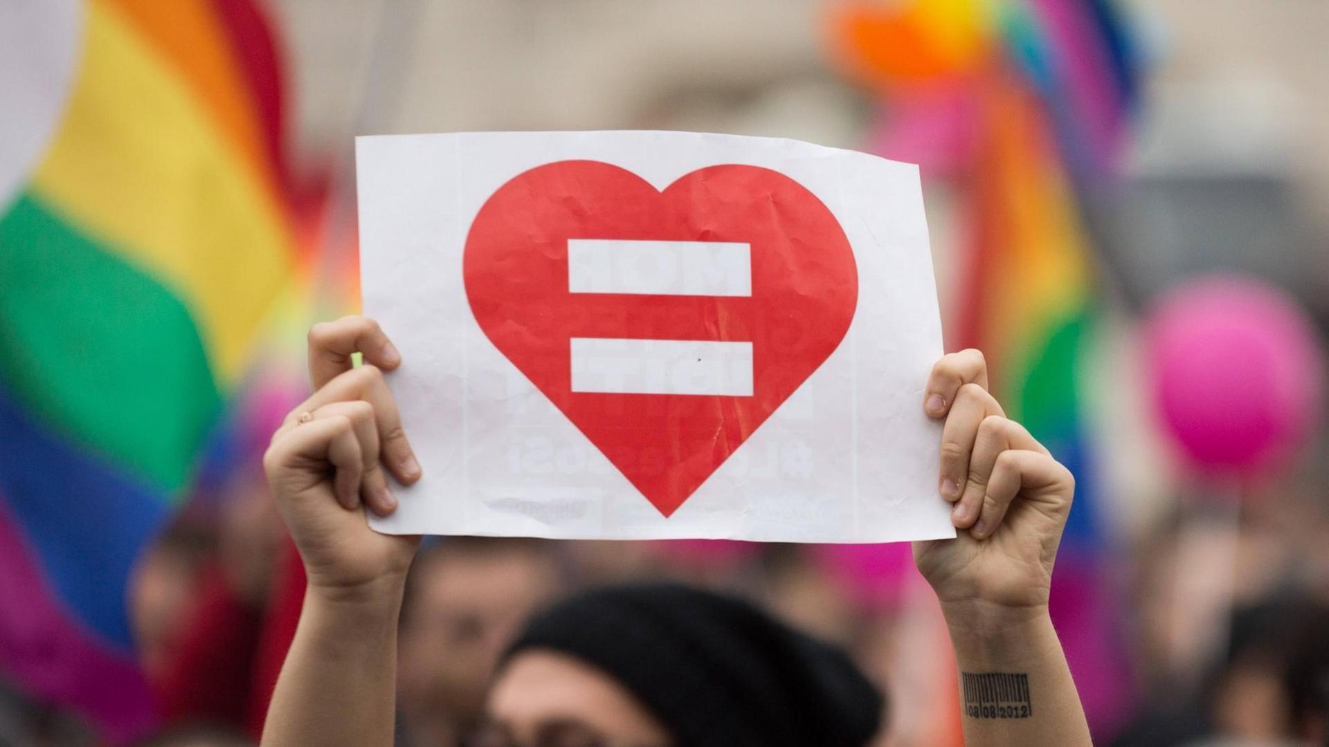 Ein Demonstrant hält in Rom ein Gleichheitszeichen als Symbol für die Gleichberechtigung homosexueller Partnerschaften hoch. Ein Demonstrant hält in Rom ein Gleichheitszeichen als Symbol für die Gleichberechtigung homosexueller Partnerschaften hoch.