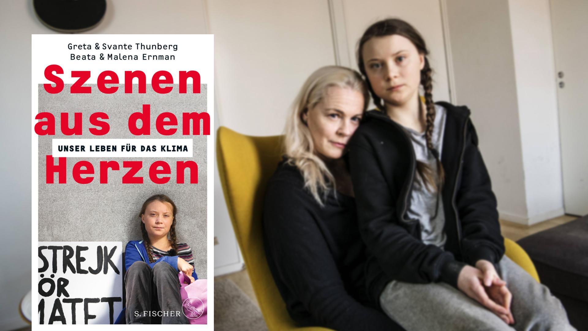 Cover des Buchs "Szenen aus dem Herzen: Unser Leben für das Klima" vor einem Hintergrundbild, auf dem Greta Thunberg auf dem Schoß ihrer Mutter Malena Ernman zu sehen ist. Cover des Buchs "Szenen aus dem Herzen: Unser Leben für das Klima" vor einem Hintergrundbild, auf dem Greta Thunberg auf dem Schoß ihrer Mutter Malena Ernman zu sehen ist.