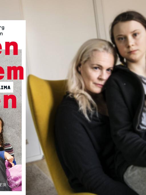 Cover des Buchs "Szenen aus dem Herzen: Unser Leben für das Klima" vor einem Hintergrundbild, auf dem Greta Thunberg auf dem Schoß ihrer Mutter Malena Ernman zu sehen ist.