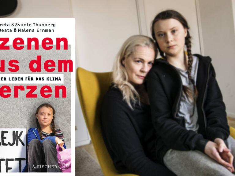 Cover des Buchs "Szenen aus dem Herzen: Unser Leben für das Klima" vor einem Hintergrundbild, auf dem Greta Thunberg auf dem Schoß ihrer Mutter Malena Ernman zu sehen ist.