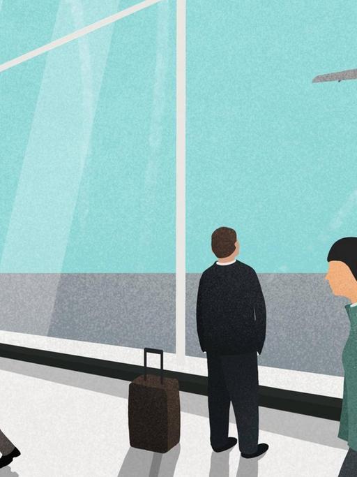 Modernistisch gehaltene Illustration von Menschen in der Wartehalle eines Flughafens, durch dessen Fensterfront man Flugzeuge landen und starten sieht.