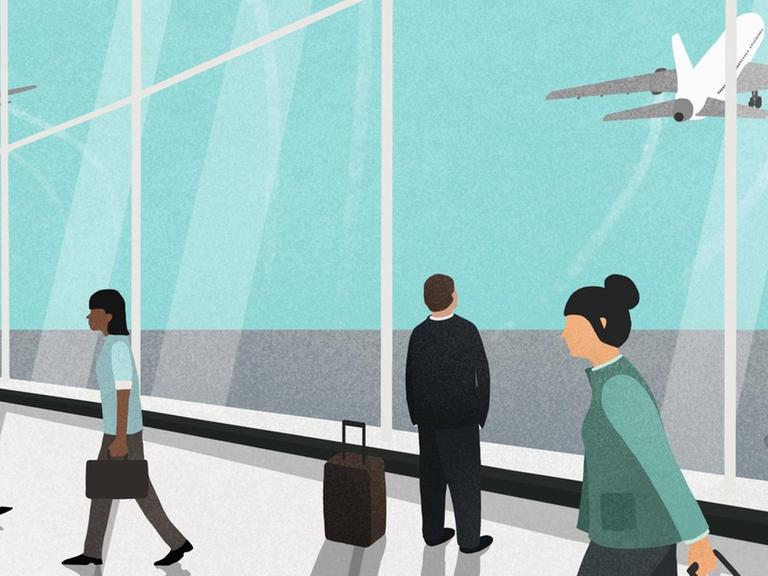 Modernistisch gehaltene Illustration von Menschen in der Wartehalle eines Flughafens, durch dessen Fensterfront man Flugzeuge landen und starten sieht.