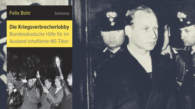 Hintergrundbild: Herbert Kappler bei seiner Ankunft bei Prozessbeginn am 3. Mai 1948 in Rom. Vordergrund Buchcover.