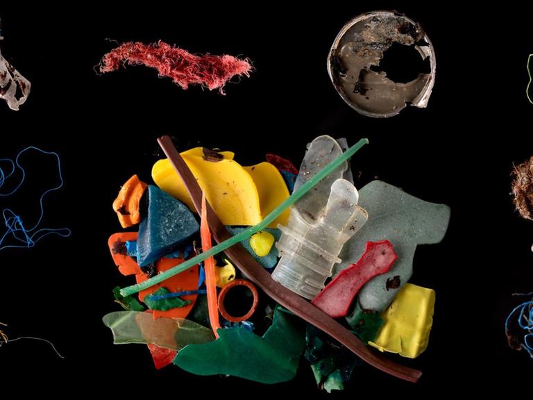 Das Foto zeigt ein buntes Sammelsurium an unterschiedlichsten Arten von Plastikmüll auf einen schwarzen Hintergrund inszeniert.