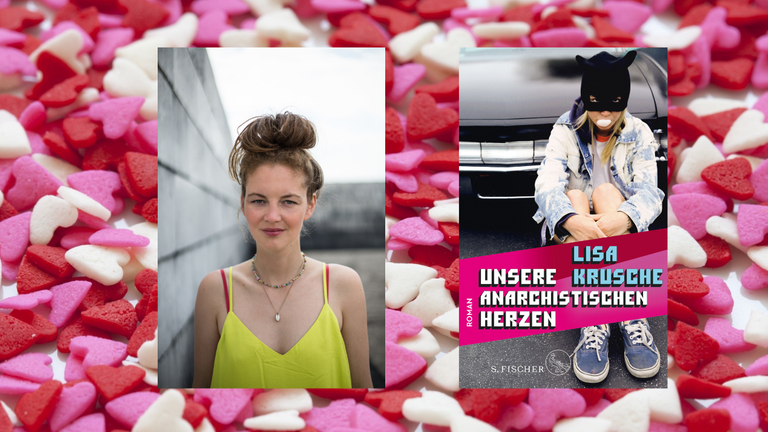 Ein Portrait der Autorin Lisa Krusche und das Cover ihres Romandebüts „Unsere anarchistischen Herzen“ vor einen Hintergrund mit Herzen Ein Portrait der Autorin Lisa Krusche und das Cover ihres Romandebüts „Unsere anarchistischen Herzen“ vor einen Hintergrund mit Herzen