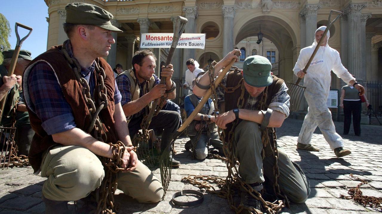 Bauern ketten sich bei einer Protestaktion der NPD-Fraktion im Landtag von Mecklenburg-Vorpommern symbolisch vor dem Schweriner Schloss an.