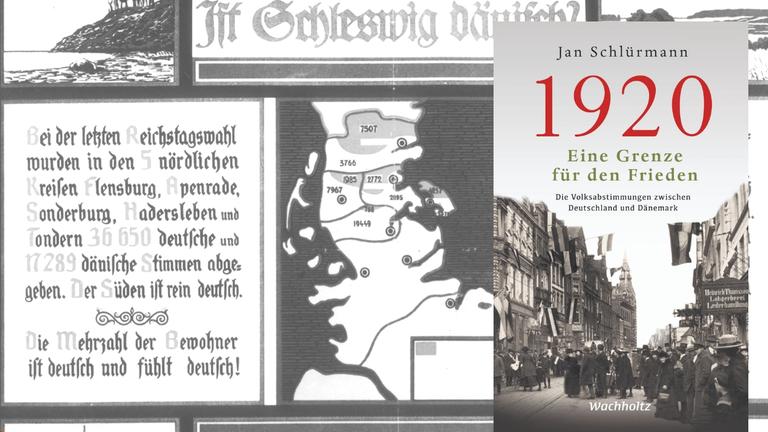 Im Hintergrund der Entwurf eines Pro-Deutschen Plakats von C. Kreutzfeld aus dem Jahre 1919 über die Volksabstimmung der territorialen Zugehörigkeit Nordschleswigs. Rechts im Bild das Buchcover.