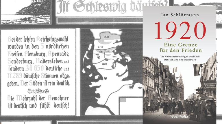 Im Hintergrund der Entwurf eines Pro-Deutschen Plakats von C. Kreutzfeld aus dem Jahre 1919 über die Volksabstimmung der territorialen Zugehörigkeit Nordschleswigs. Rechts im Bild das Buchcover. Im Hintergrund der Entwurf eines Pro-Deutschen Plakats von C. Kreutzfeld aus dem Jahre 1919 über die Volksabstimmung der territorialen Zugehörigkeit Nordschleswigs. Rechts im Bild das Buchcover.