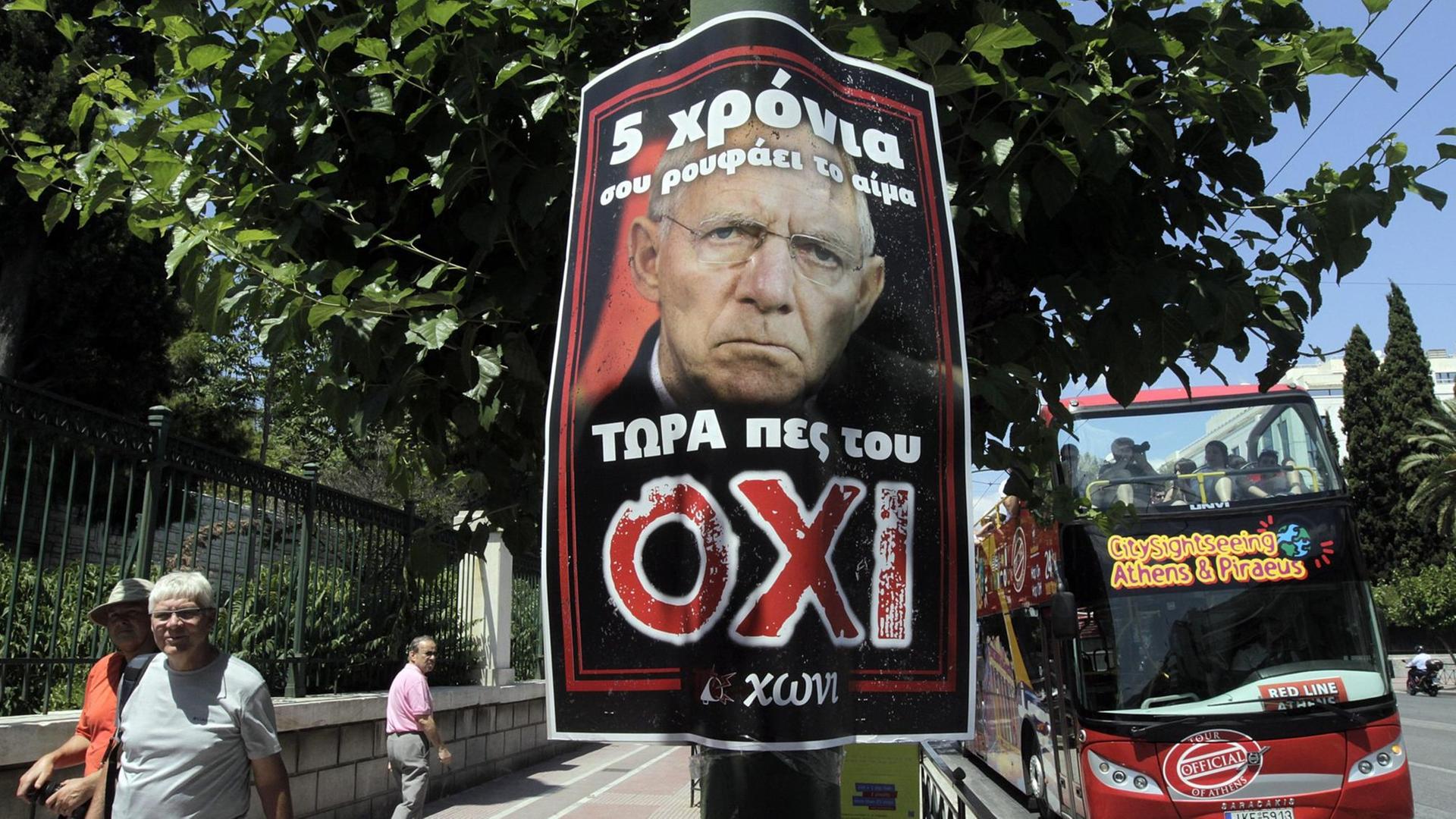 Ein Plakat in Athen wirbt für ein "Nein" beim Referendum über das Reformpaket der Geldgeber. Ein Plakat in Athen wirbt für ein "Nein" beim Referendum über das Reformpaket der Geldgeber.