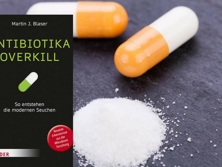 Buchcover von "Antibiotika overkill", im Hintergrund: Tabletten.