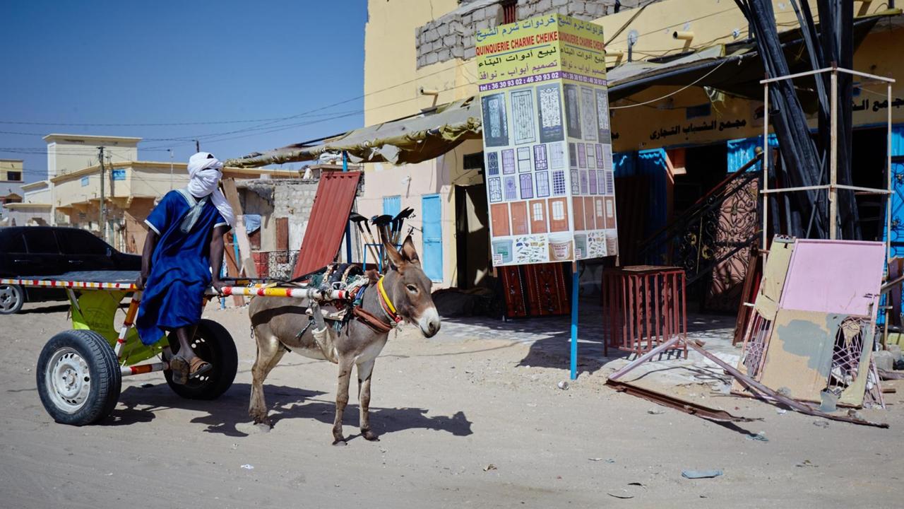 Ein Esel zieht einen Wagen in einer Straße der mauretanischen Hauptstadt Nouakchott