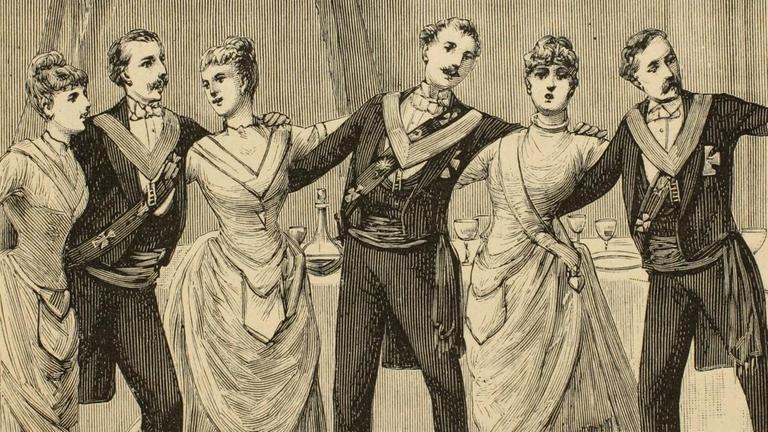 "Les Banquets Androgynes" / Cantique final et Chaîne d'union des Frères et Soeurs". - (Gemischtgeschlechtliche Bankette. Das Kettenlied und die Kette des Bundes der Brüder und Schwestern). - Holzstich nach Zeichnung von Pierre Méjanel. Aus: Léo Taxil, Les Mystères de la Franc-Maçonnerie devoilés, Paris (Letouzey & Ané) o. J. (1886?), S. 473. Ein antifreimaurerisches, in weiten Teilen fiktives Enthüllungsbuch, verfasst von Léo Taxil, eigentl. Marie Joseph Gabriel Antoine Jogand-Pagès (1854-1907), nach seiner Konversion vom Freidenker zum Katholizismus. Privatsammlung. "Les Banquets Androgynes" / Cantique final et Chaîne d'union des Frères et Soeurs". - (Gemischtgeschlechtliche Bankette. Das Kettenlied und die Kette des Bundes der Brüder und Schwestern). - Holzstich nach Zeichnung von Pierre Méjanel. Aus: Léo Taxil, Les Mystères de la Franc-Maçonnerie devoilés, Paris (Letouzey & Ané) o. J. (1886?), S. 473. Ein antifreimaurerisches, in weiten Teilen fiktives Enthüllungsbuch, verfasst von Léo Taxil, eigentl. Marie Joseph Gabriel Antoine Jogand-Pagès (1854-1907), nach seiner Konversion vom Freidenker zum Katholizismus. Privatsammlung.