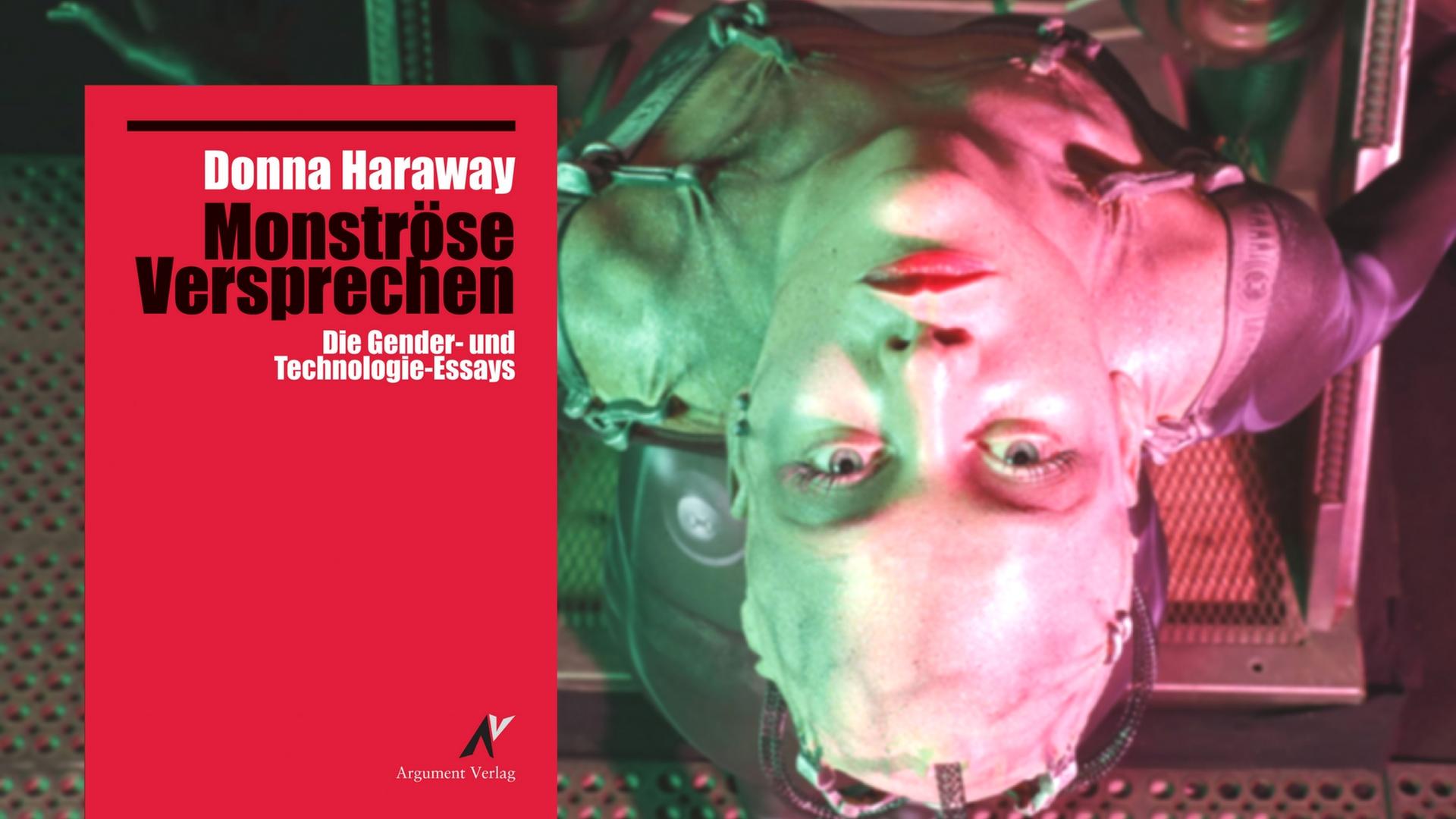 Buchcover von Donna Haraways Buch "Monströse Versprechen" im Hintergrund ist ein Cyborg-Model zu sehen. Buchcover von Donna Haraways Buch "Monströse Versprechen" im Hintergrund ist ein Cyborg-Model zu sehen.