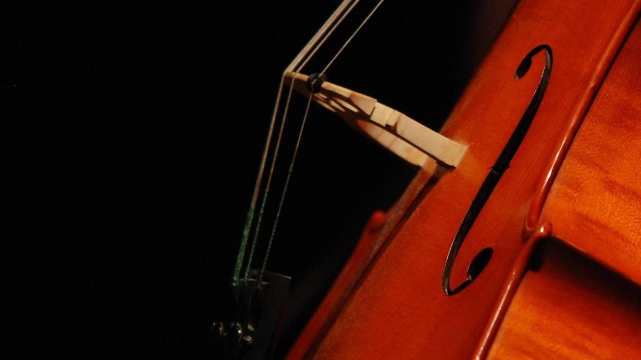 Seitlicher Blick auf einen Steg, einen Saitenhalter, eines Violoncellos, das im Licht stehend vom dunklen Hintergrund abhebt. Seitlicher Blick auf einen Steg, einen Saitenhalter, eines Violoncellos, das im Licht stehend vom dunklen Hintergrund abhebt.