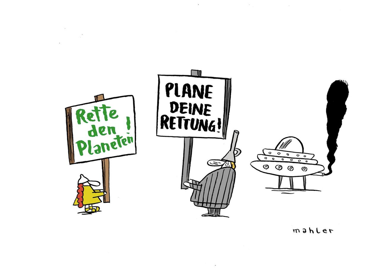 Ein Mädchen mit Zöpfen hält ein Schild mit der Aufschrift "Rette den Planeten!" in die Höhe. Ihr gegenüber steht eine Gestalt neben einem Ufo, die ein Schild mit der Aufschrift "Plane deine Rettung!" hält. Ein Mädchen mit Zöpfen hält ein Schild mit der Aufschrift "Rette den Planeten!" in die Höhe. Ihr gegenüber steht eine Gestalt neben einem Ufo, die ein Schild mit der Aufschrift "Plane deine Rettung!" hält.