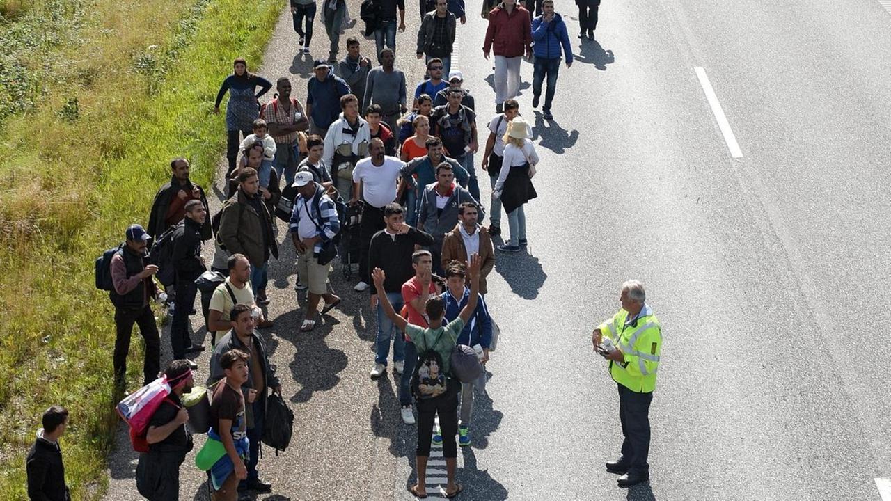 Flüchtlinge sind zu Fuß auf der E45 in Dänemark unterwegs.