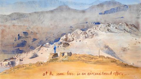 Ein Gemälde zeigt einen Mann, der verlassen in einer bergigen Wüstenlandschaft steht.