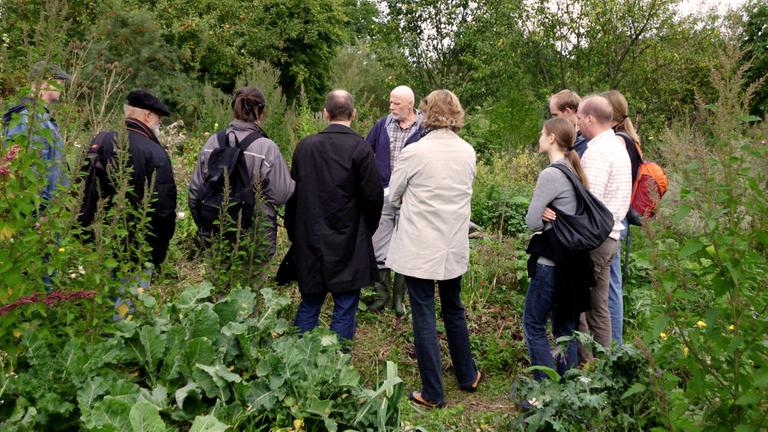 Einn Gruppe von Menschen steht in einem Garten mit Bäumen, Büschen und Gemüse. Einn Gruppe von Menschen steht in einem Garten mit Bäumen, Büschen und Gemüse.