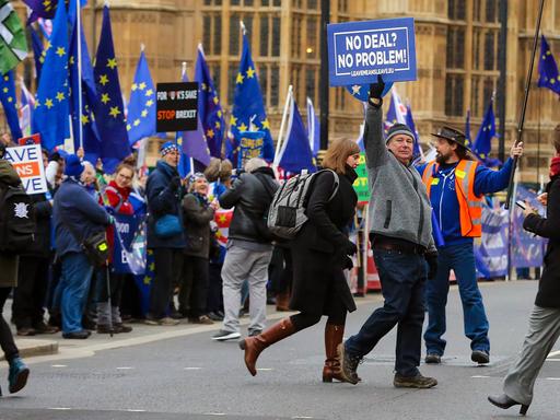 Ein Mann geht am 15.1.2019 mit einem Schild mit der Aufschrift "No deal? No problem!" vor dem britischen Parlament in London über die Straße, hinter ihm sind zahlreiche EU-Flaggen zu sehen.