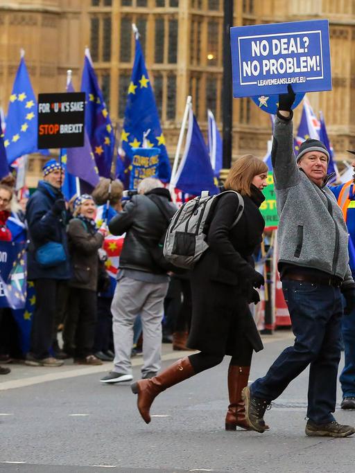 Ein Mann geht am 15.1.2019 mit einem Schild mit der Aufschrift "No deal? No problem!" vor dem britischen Parlament in London über die Straße, hinter ihm sind zahlreiche EU-Flaggen zu sehen.