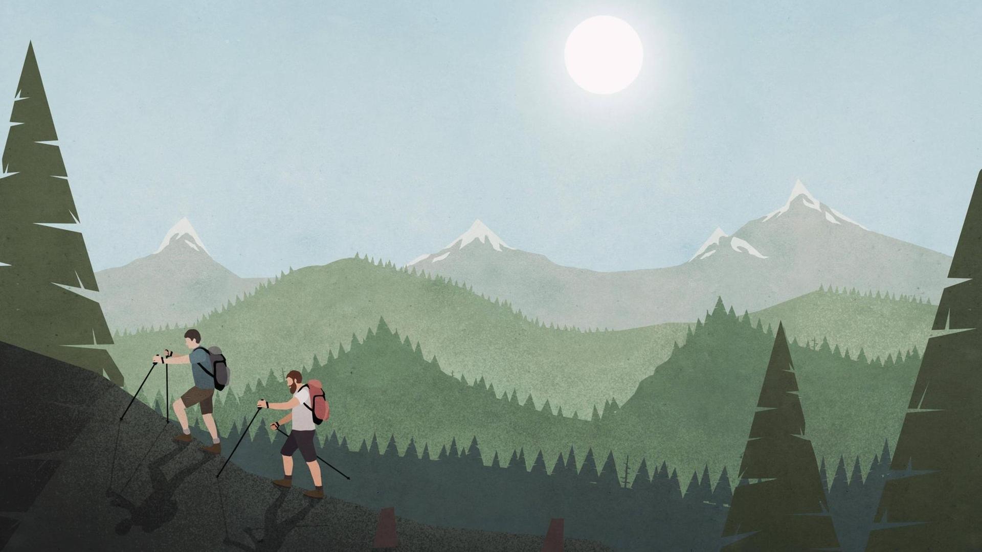Eine Illustration zeigt zwei Männer, die entlang einer idyllischen Berg- und Waldlandschaft wandern. Eine Illustration zeigt zwei Männer, die entlang einer idyllischen Berg- und Waldlandschaft wandern.