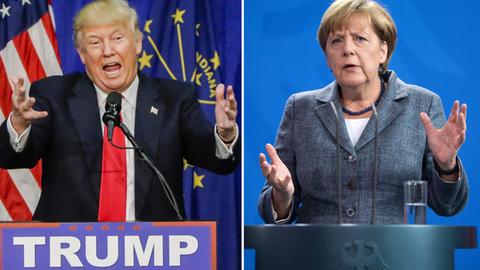 US-Präsidentschaftskandidat Donald Trump am 02.05.2016 bei einer Wahlkampfveranstaltung in South Bend, Indiana und Bundeskanzlerin Angela Merkel (CDU) am 15.09.2015 bei einer Pressekonferenz im Bundeskanzleramt in Berlin.