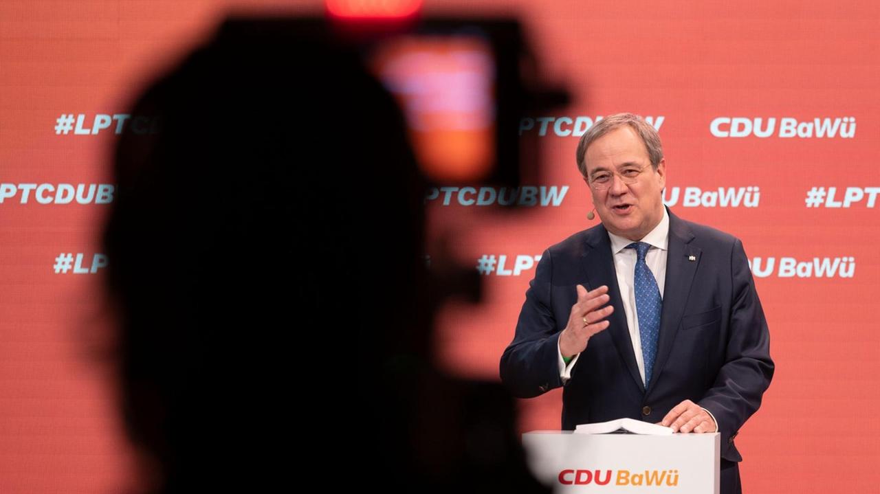 Armin Laschet, CDU-Bundesvorsitzender, nimmt am Online-Parteitag der CDU Baden-Württemberg teil. Armin Laschet, CDU-Bundesvorsitzender, nimmt am Online-Parteitag der CDU Baden-Württemberg teil.