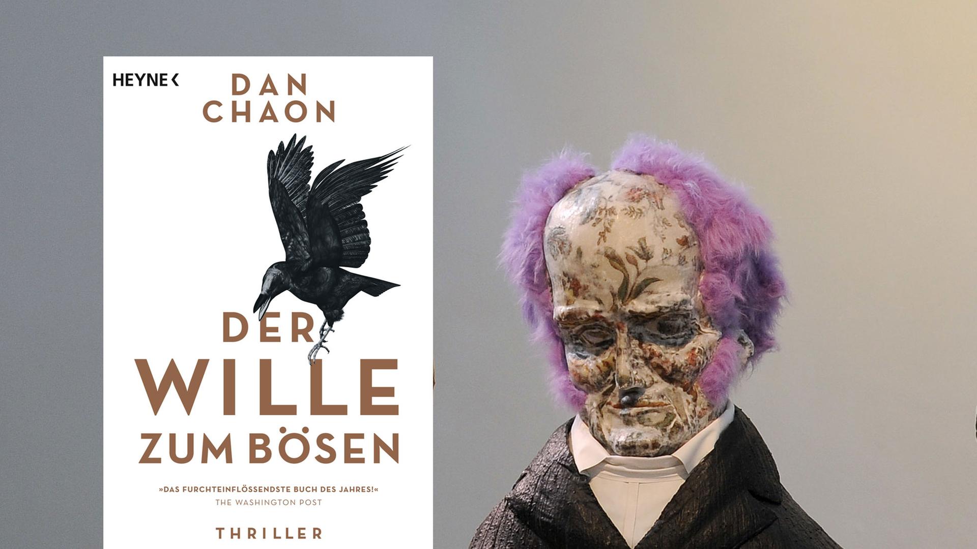 Cover von Dan Chaon "Der Wille zum Bösen" und eine Skulptur, die den Philosophen Arthur Schopenhauer darstellt Cover von Dan Chaon "Der Wille zum Bösen" und eine Skulptur, die den Philosophen Arthur Schopenhauer darstellt