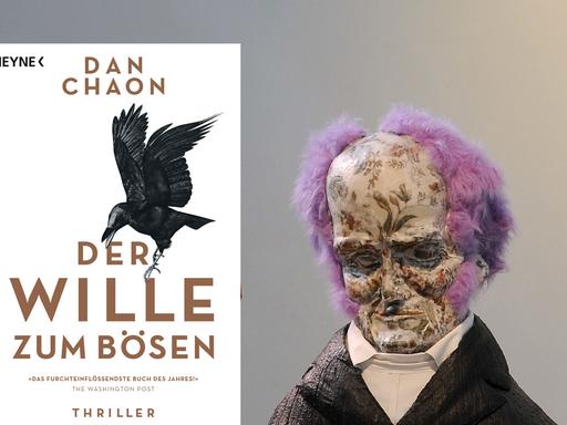 Cover von Dan Chaon "Der Wille zum Bösen" und eine Skulptur, die den Philosophen Arthur Schopenhauer darstellt