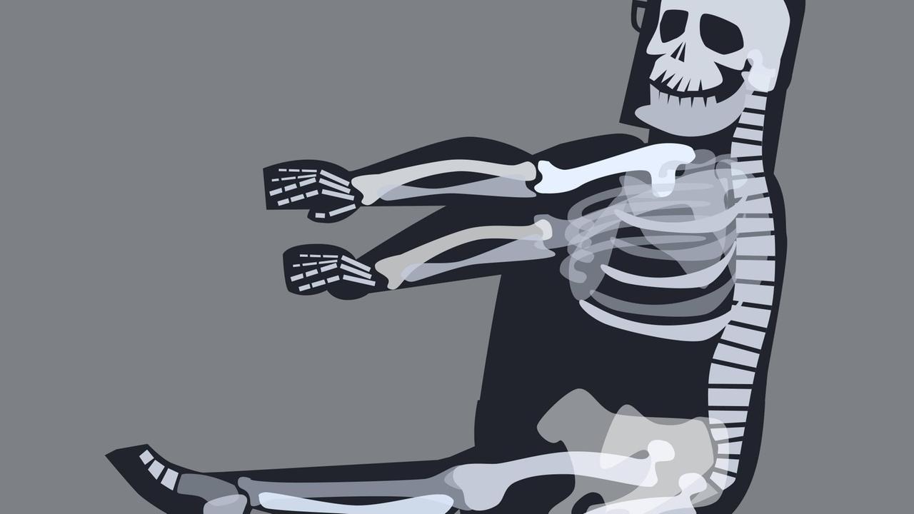 Illustration: Ein menschliches Skelett macht Sport