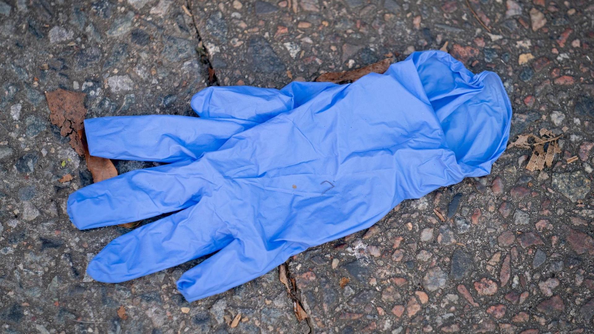 Benutzte Einweghandschuhe liegen auf dem Gehweg im Berliner Stadtteil Friedenau. Benutzte Einweghandschuhe liegen auf dem Gehweg im Berliner Stadtteil Friedenau.
