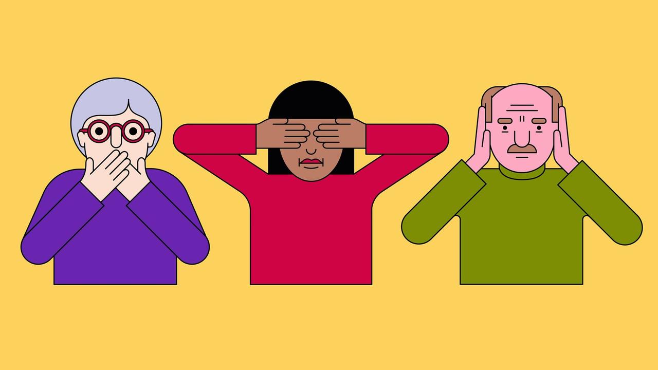 Eine Illustration zeigt einen Kopf mit zugehaltenem Mund, einen mit zugehaltenen Augen und einen anderen mit zugehaltenen Ohren nebeneinander. Eine Illustration zeigt einen Kopf mit zugehaltenem Mund, einen mit zugehaltenen Augen und einen anderen mit zugehaltenen Ohren nebeneinander.