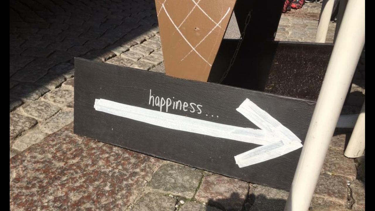 Ein Pappschild mit einem Pfeil nach rechts auf dem steht "happiness" Ein Pappschild mit einem Pfeil nach rechts auf dem steht "happiness"