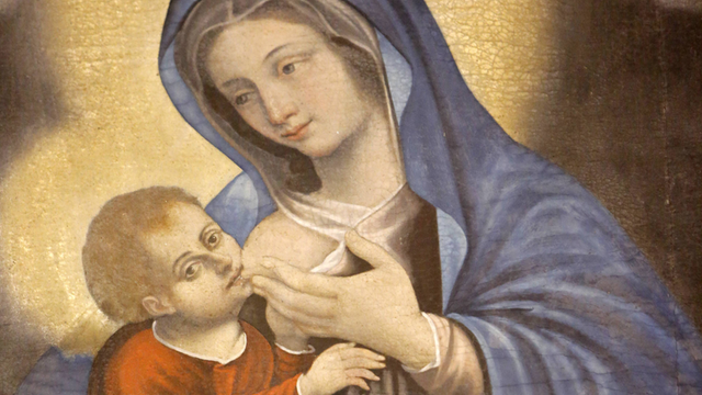 Bildnis von Maria, die Jesus die Brust gibt.