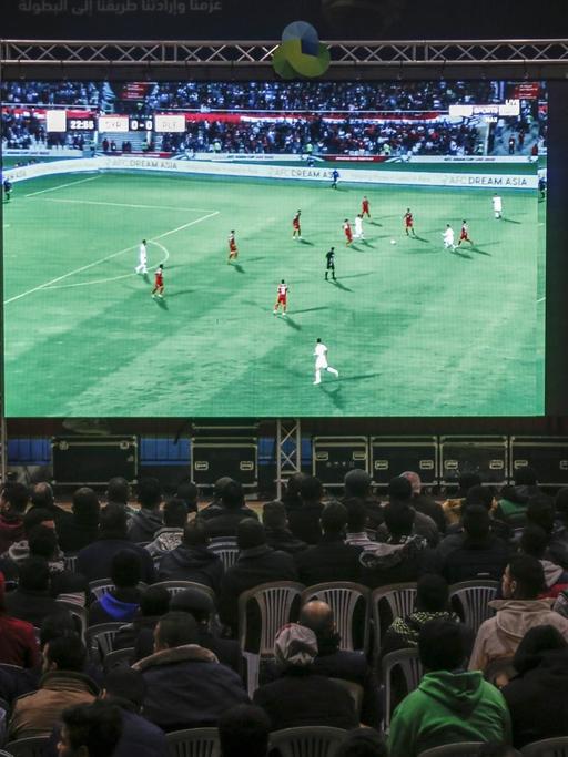 Palästinensische Fans schauen ein Spiel ihrer Mannschaft bei den Asienmeisterschaften.