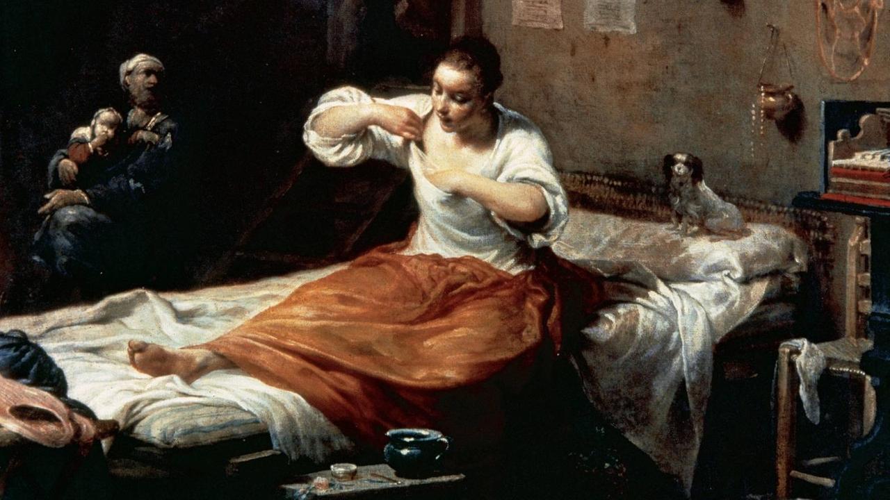 Gemälde von Giuseppe Crespi, auf dem eine Frau im Bett sich nach Flöhen absucht.