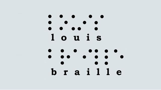 Der Name des Erfinders der Punketschrift für Blinde, Louis Braille, wird in normaler und in Brailleschrift gezeigt.
