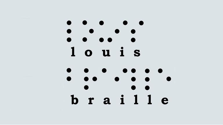 Der Name des Erfinders der Punketschrift für Blinde, Louis Braille, wird in normaler und in Brailleschrift gezeigt.